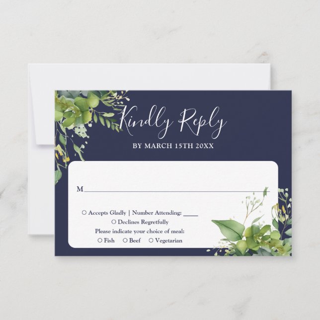 Tarjeta De Confirmación De Asistencia Eucalyptus Greenery Elegante Boda Azul de la Marin (Anverso)