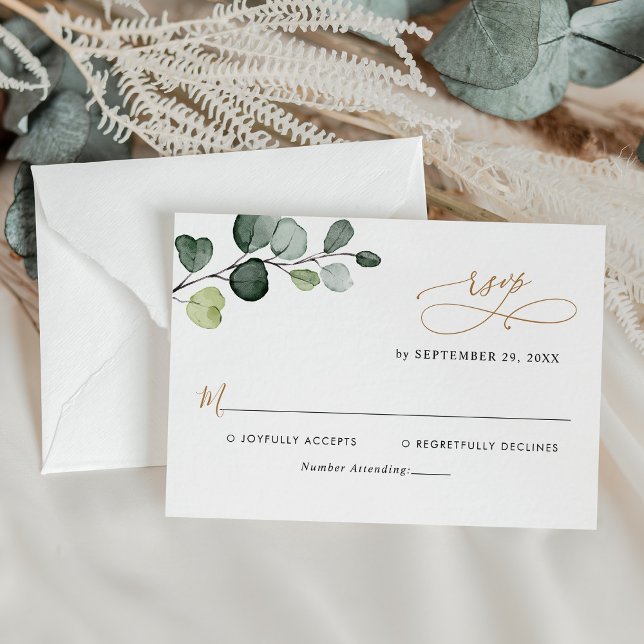 Tarjeta De Confirmación De Asistencia Eucalyptus simple deja Boda de oro verde (Subido por el creador)