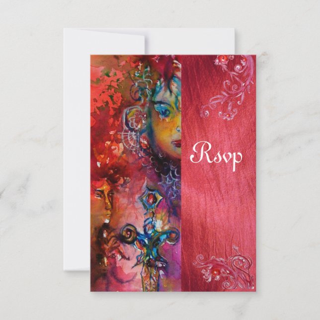 Tarjeta De Confirmación De Asistencia EXCALIBUR , rojo brillante ,rsvp azul (Anverso)