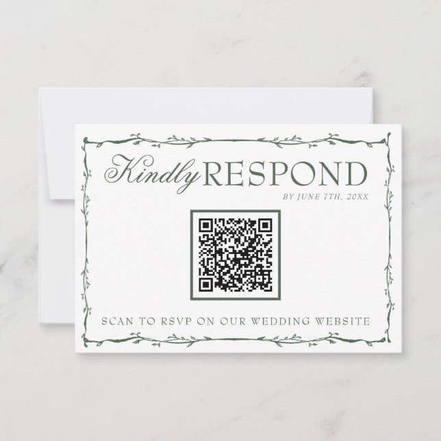 Tarjeta De Confirmación De Asistencia Fancy Emerald Green Branches Boho QR Code Wedding (Anverso)