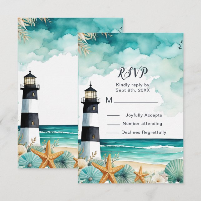 Tarjeta De Confirmación De Asistencia Faro Náutico Dulce Dieciséis Cumpleaños (Anverso / Reverso)