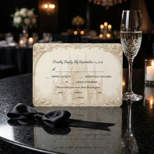 Tarjeta De Confirmación De Asistencia Faux Relief Stone Cathedral Sketch Formal (Subido por el creador)