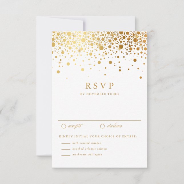 Tarjeta De Confirmación De Asistencia Faux Relieve metalizado dorado Confetti Dots Weddi (Anverso)