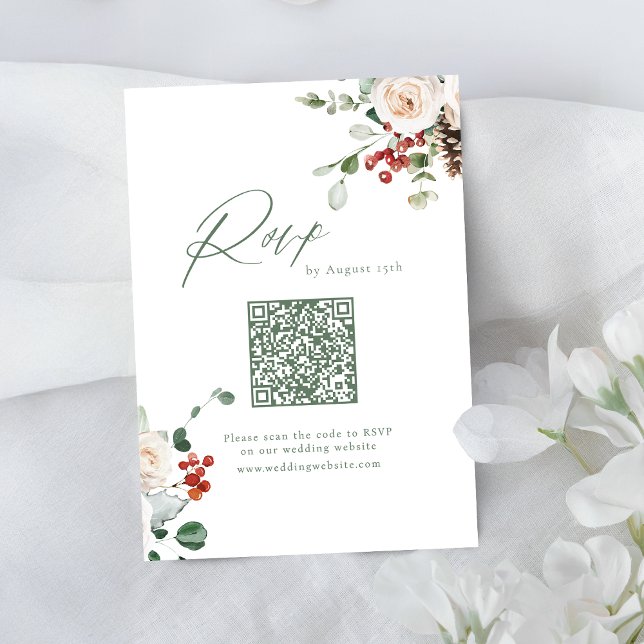 Tarjeta De Confirmación De Asistencia Festive Floral Holiday Winter Wedding QR code (Festive Floral Holiday Winter Wedding QR code RSVP Card)