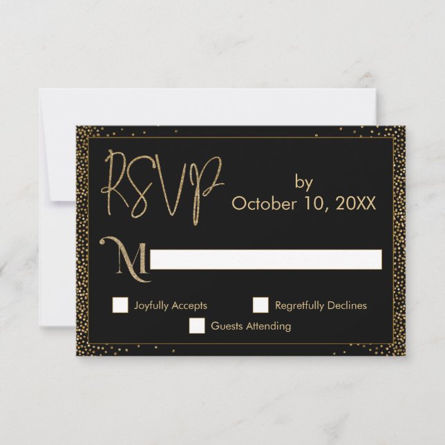 Tarjeta De Confirmación De Asistencia Festividades Faux Gold Confetti en negro (Anverso)