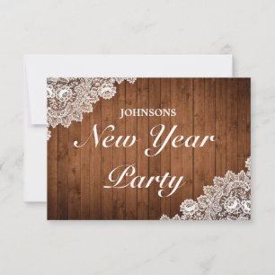 Tarjeta De Confirmación De Asistencia Fiesta de Año Nuevo Rustic Wood & White Lace