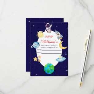 Tarjeta De Confirmación De Asistencia Fiesta de cumpleaños espacial con acuarela