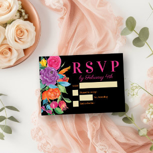Tarjeta De Confirmación De Asistencia Fiesta Flores de color de agua negro Floral