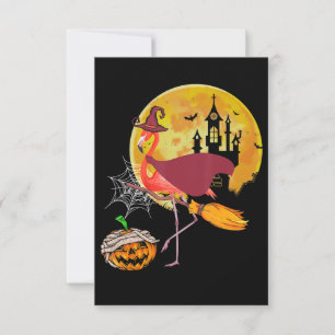 Tarjeta De Confirmación De Asistencia Flamencos Flamingo Riding Broom Pumpkin Hallowee