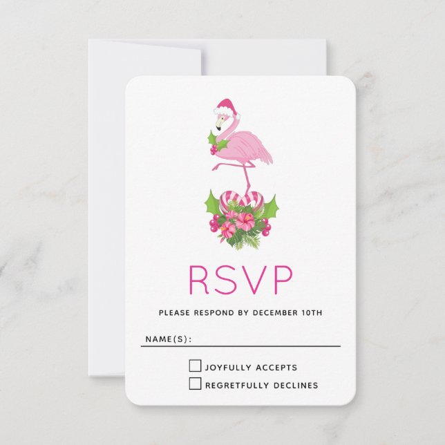 Tarjeta De Confirmación De Asistencia Flamingo rosado en Santa Hat con Candy Cane Bouque (Anverso)