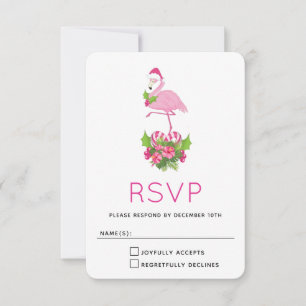 Tarjeta De Confirmación De Asistencia Flamingo rosado en Santa Hat con Candy Cane Bouque
