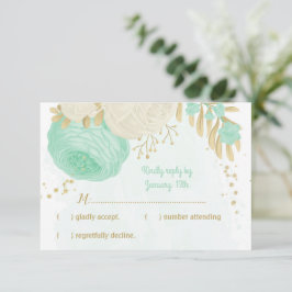 Tarjeta De Confirmación De Asistencia flor blanca verde menta oro boda floral