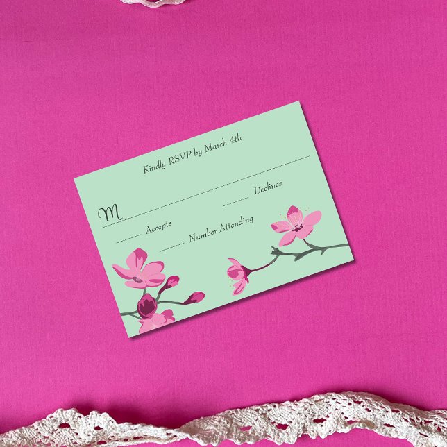 Tarjeta De Confirmación De Asistencia Flor de cerezo verde rosa y menta Quinceanera (Subido por el creador)