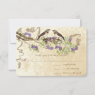 Tarjeta De Confirmación De Asistencia Flor de Floraciones Purpúreas Hoja Verde Pájaro Vi