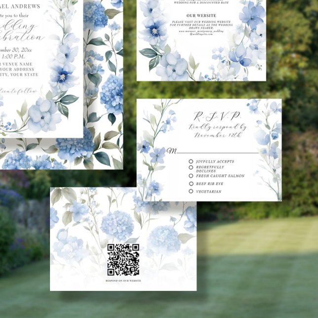 Tarjeta De Confirmación De Asistencia Flor Floral Azul y Boda Elegante Blanca (Subido por el creador)