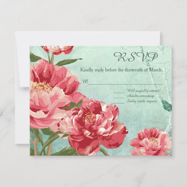 Tarjeta De Confirmación De Asistencia Flor retro Chintz Peony flores y aves (Anverso)