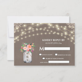 Tarjeta De Confirmación De Asistencia Flor Rústica Gris Mason Jar String Luces