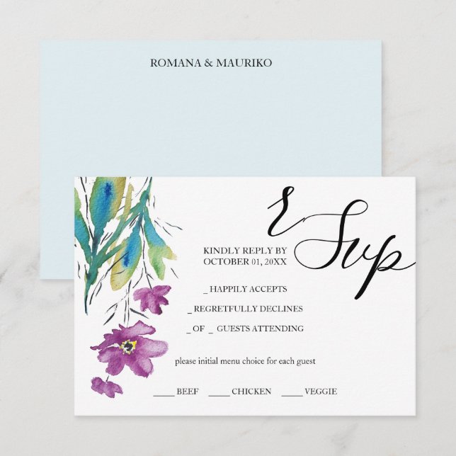 Tarjeta De Confirmación De Asistencia Flor silvestre púrpura artística acuarela pintada  (Anverso / Reverso)