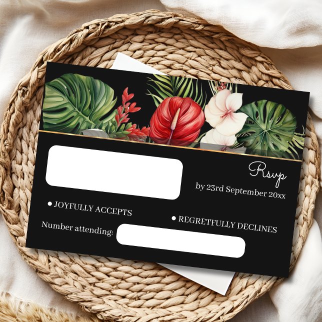 Tarjeta De Confirmación De Asistencia Flor tropical y hojas boda oscuro (Subido por el creador)