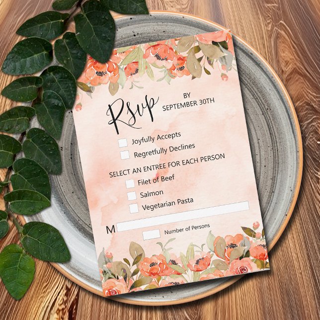 Tarjeta De Confirmación De Asistencia Floral acuarela de moda (Watercolor Orange Floral RSVP Cards with menu selections)