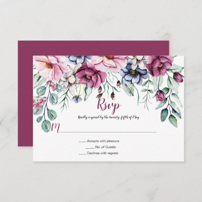 Tarjeta De Confirmación De Asistencia Floral Acuarela Rosa y Azul (Anverso / Reverso)