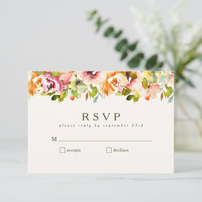 Tarjeta De Confirmación De Asistencia Floral acuarela Rustic Country Burgundy Boda (Anverso de pie)
