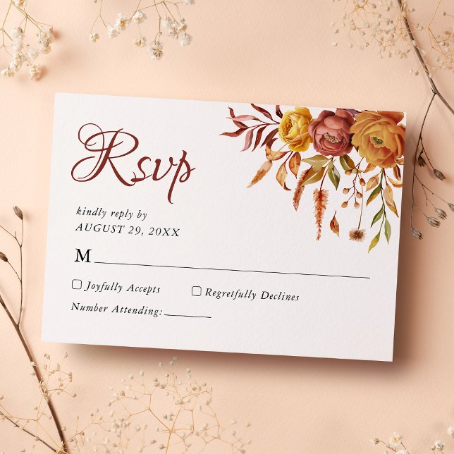 Tarjeta De Confirmación De Asistencia Floral acuarela Rústica otoño cálido Boda otoño (Subido por el creador)