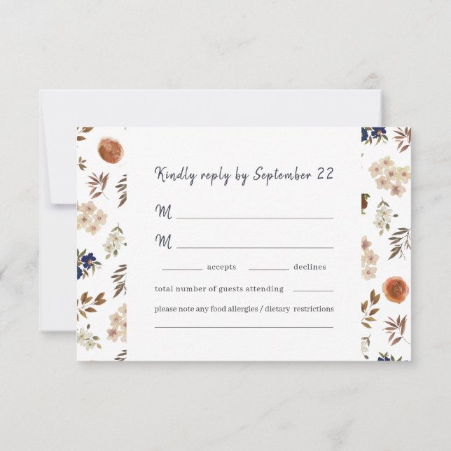 Tarjeta De Confirmación De Asistencia Floral acuarela Terra cotta Azul Boda (Reverso)