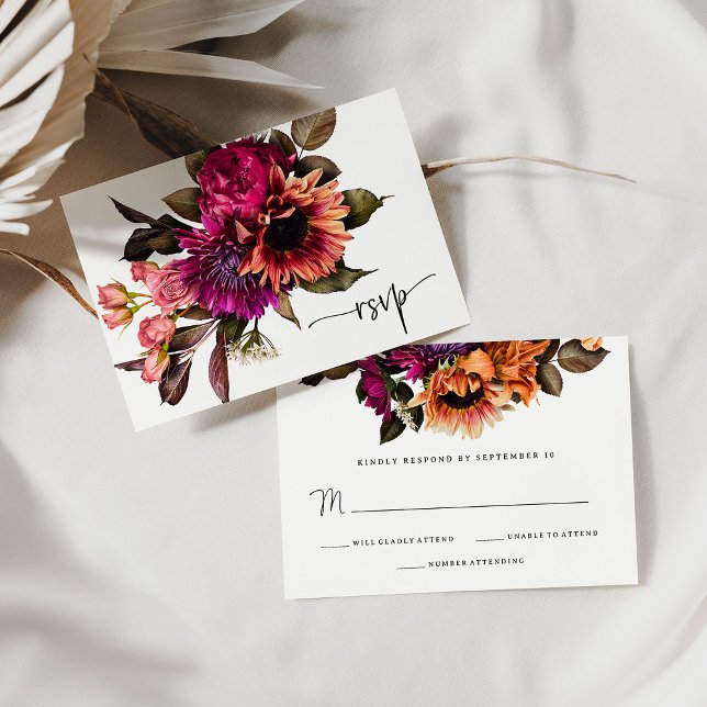 Tarjeta De Confirmación De Asistencia Floral audaz | Boda dramática y elegante (A bold and colorful floral wedding rsvp card)