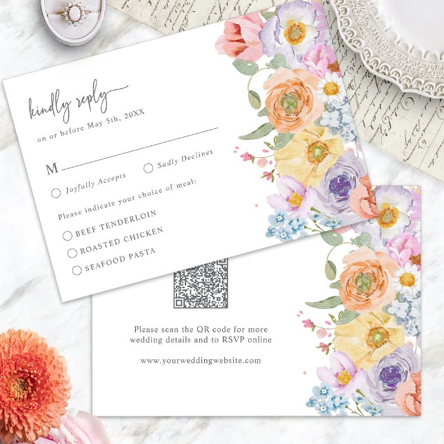 Tarjeta De Confirmación De Asistencia Floral audaz brillante (Bright Bold Floral RSVP Card QR Code by Painted Paperie
)