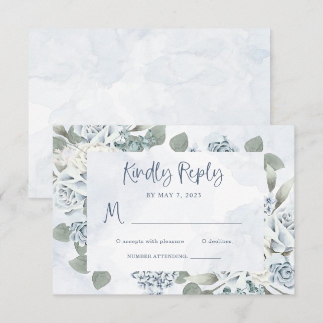 Tarjeta De Confirmación De Asistencia Floral azul agitada y rusa | Boda de acuarela (Anverso / Reverso)