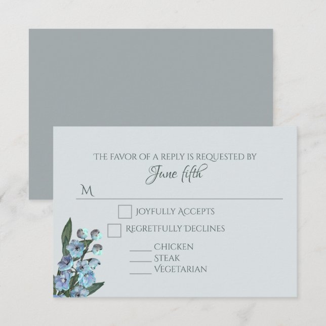 Tarjeta De Confirmación De Asistencia Floral azul Delphinium Bouquet (Anverso / Reverso)