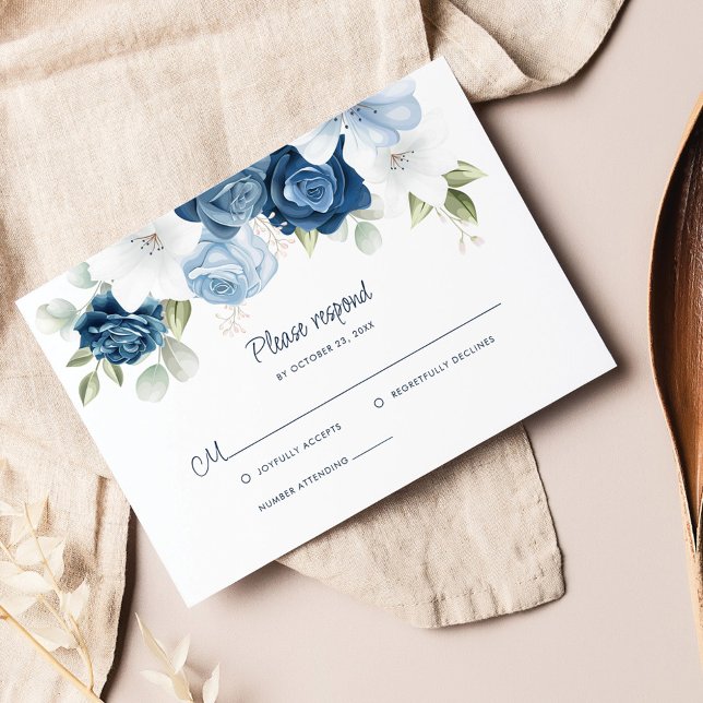 Tarjeta De Confirmación De Asistencia Floral azul dulce botánico (Dusty Blue Floral Wedding RSVP Card)