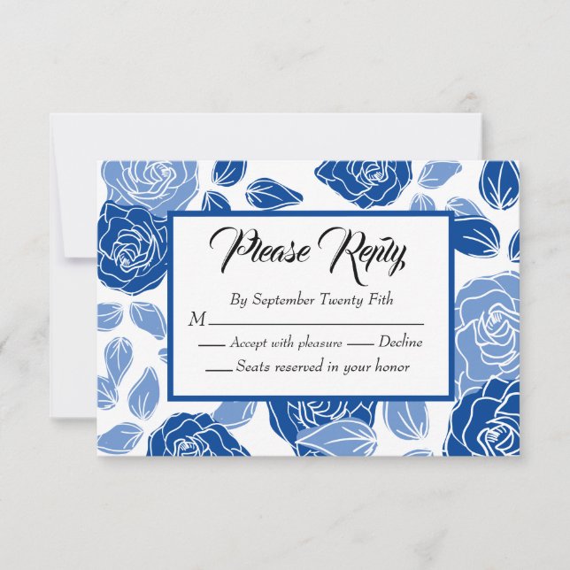 Tarjeta De Confirmación De Asistencia Floral azul estilo Rosa Moda simple Boda (Anverso)
