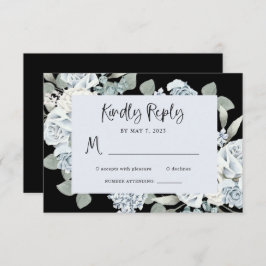 Tarjeta De Confirmación De Asistencia Floral azul negro y turbio | Boda de acuarela