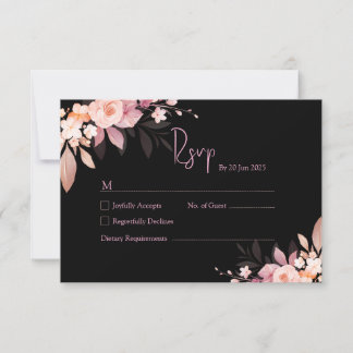 Tarjeta De Confirmación De Asistencia Floral Black & Blush Rose Wedding