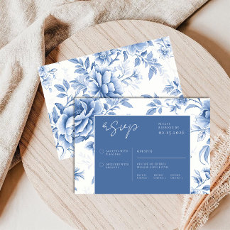 Tarjeta De Confirmación De Asistencia Floral Blue White Toile De Jouy