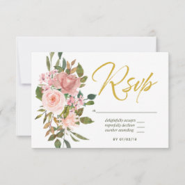 Tarjeta De Confirmación De Asistencia Floral color de agua Rubor Pink and Gold Wedding R