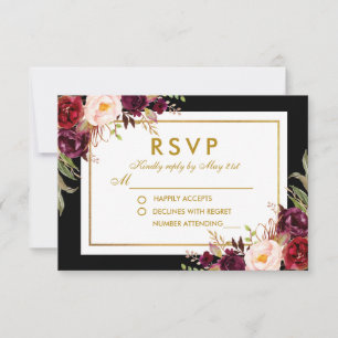 Tarjeta De Confirmación De Asistencia Floral de color de agua Borgoña Black Gold Wedding