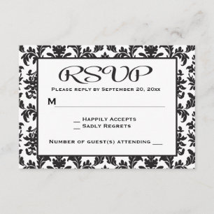Tarjeta De Confirmación De Asistencia Floral de Damask Vintage en blanco y negro