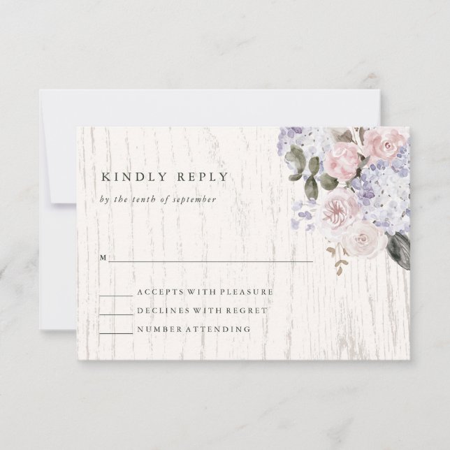 Tarjeta De Confirmación De Asistencia Floral de Hidrangea Rústica | Boda de madera blanc (Anverso)