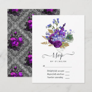 Tarjeta De Confirmación De Asistencia Floral de pavo real de la marina y púrpura Quincea