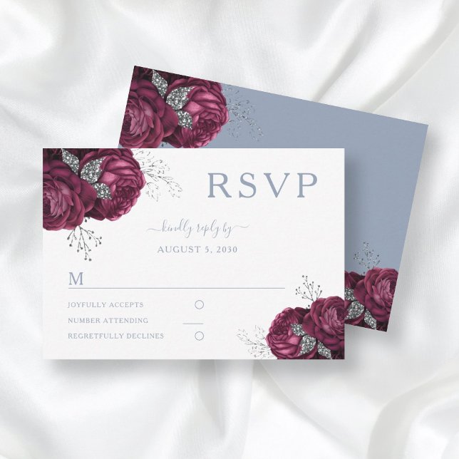 Tarjeta De Confirmación De Asistencia Floral Dusty Blue Burgundy Peonies Elegante Boda (Subido por el creador)