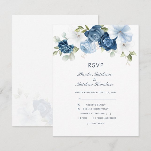 Tarjeta De Confirmación De Asistencia Floral Dusty Blue Modern Botanic (Anverso / Reverso)