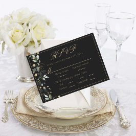 Tarjeta De Confirmación De Asistencia Floral Eucalyptus Greenery Gold Boda Negro