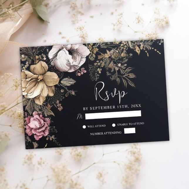 Tarjeta De Confirmación De Asistencia Floral gótica oscuro Boda negro único (Gothic Floral Dark Unique Black Wedding RSVP Card)