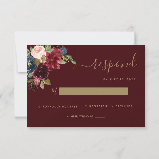 Tarjeta De Confirmación De Asistencia Floral Moody Ruby Red Jewel Tone Boda (Anverso)