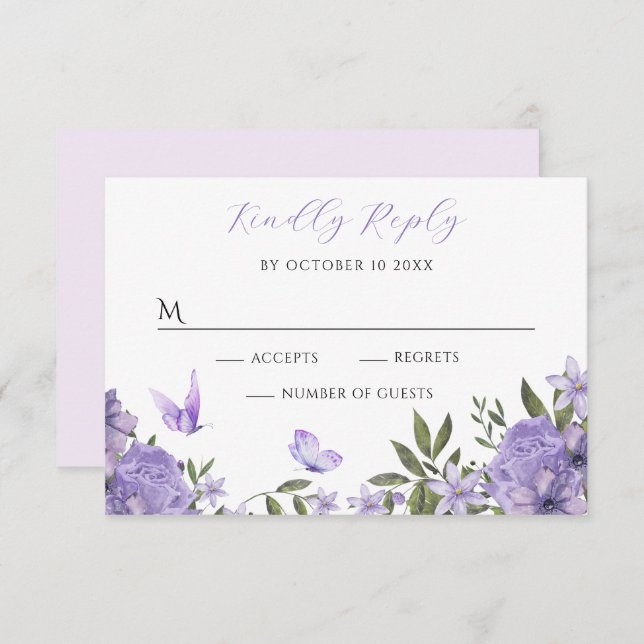 Tarjeta De Confirmación De Asistencia Floral morada (Anverso / Reverso)