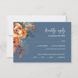 Tarjeta De Confirmación De Asistencia Floral otoño elegante boda polvoriento azul