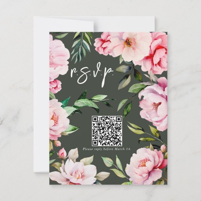 Tarjeta De Confirmación De Asistencia Floral Peony Magnolia Green Boda QR (Anverso)